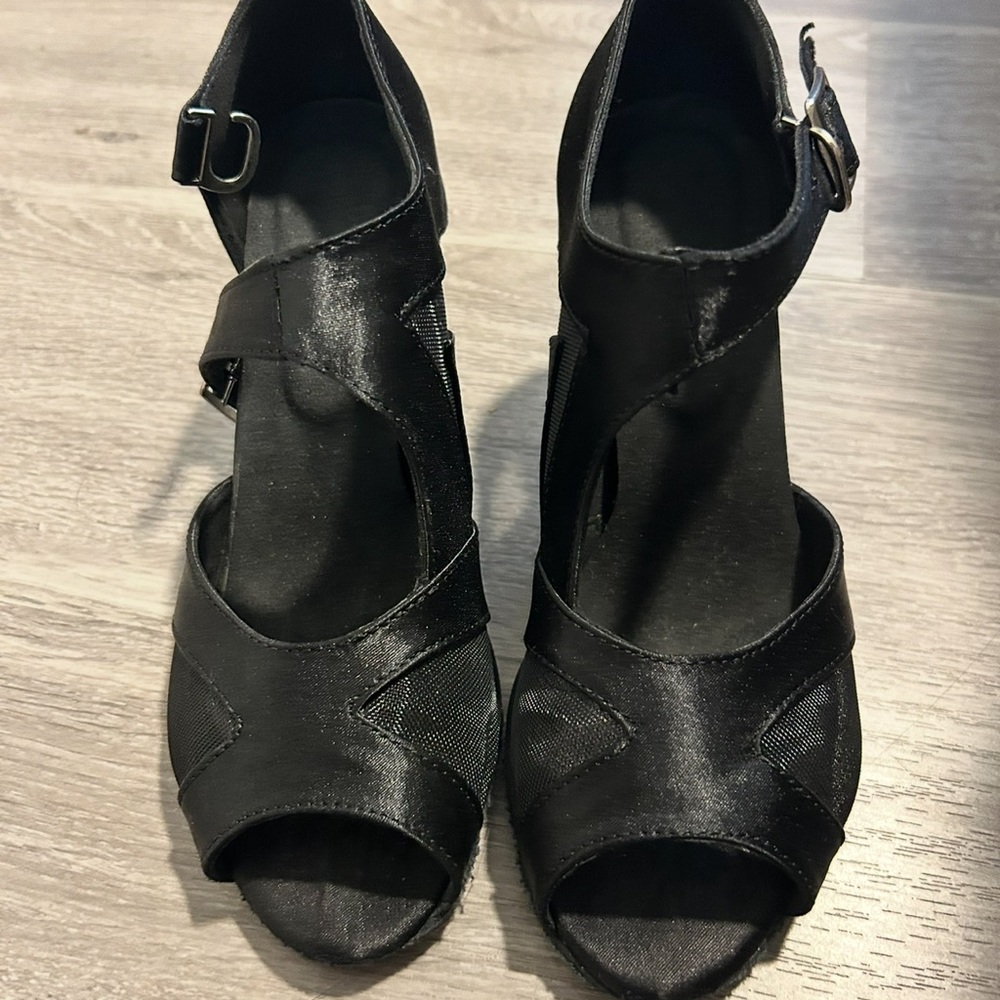 Black Satin Open-Toe Ankle Strap Heels